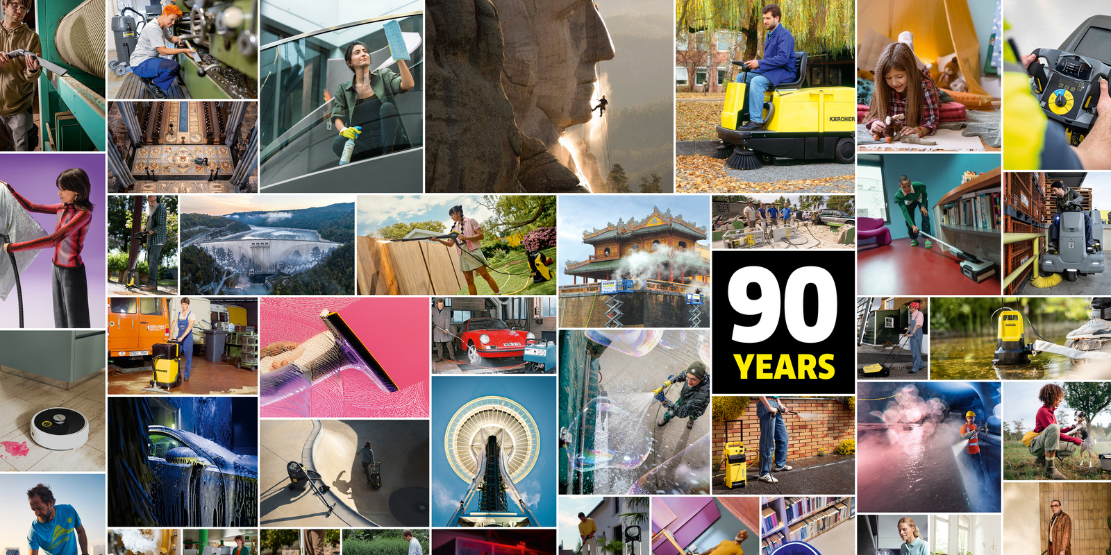 90 Years of Making a Difference Photo collage of Kärcher throughout the past 90 years.
