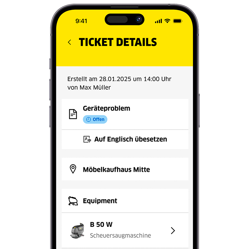 Meldungen mit Tickets Connected Cleaning Handy mit Connected Cleaning Tickeddetails