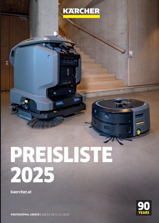 Professional Preisliste 2025 Dies ist das Titelblatt einer Kärcher Preisliste für das Jahr 2025.  Hier ist eine Aufschlüsselung der Elemente auf dem Umschlag:  Marke: Kärcher (prominent oben platziert).  Produkte: Es sind zwei Reinigungsroboter abgebildet:  Eine größere, graue, autonome Kehr- oder Scheuersaugmaschine mit sichtbaren Bürsten vorne.  Ein kleinerer, schwarzer, scheibenförmiger Saugroboter.  Titel: „PREISLISTE 2025“ in großen, weißen Buchstaben.  Webseite: „kaercher.at“ ist unter dem Titel aufgeführt.  Slogan/Details: Unten links steht „PROFESSIONAL GERÄTE | GÜLTIG AB 01.01.2025“.  Jubiläumslogo: Unten rechts befindet sich ein schwarzes Quadrat mit „90 YEARS“ und einer „90“ in Gold, was auf ein 90-jähriges Jubiläum von Kärcher hinweist.  Hintergrund: Die Maschinen stehen auf einem Betonboden mit einer Treppe im Hintergrund, was auf eine gewerbliche oder industrielle Umgebung hindeutet.