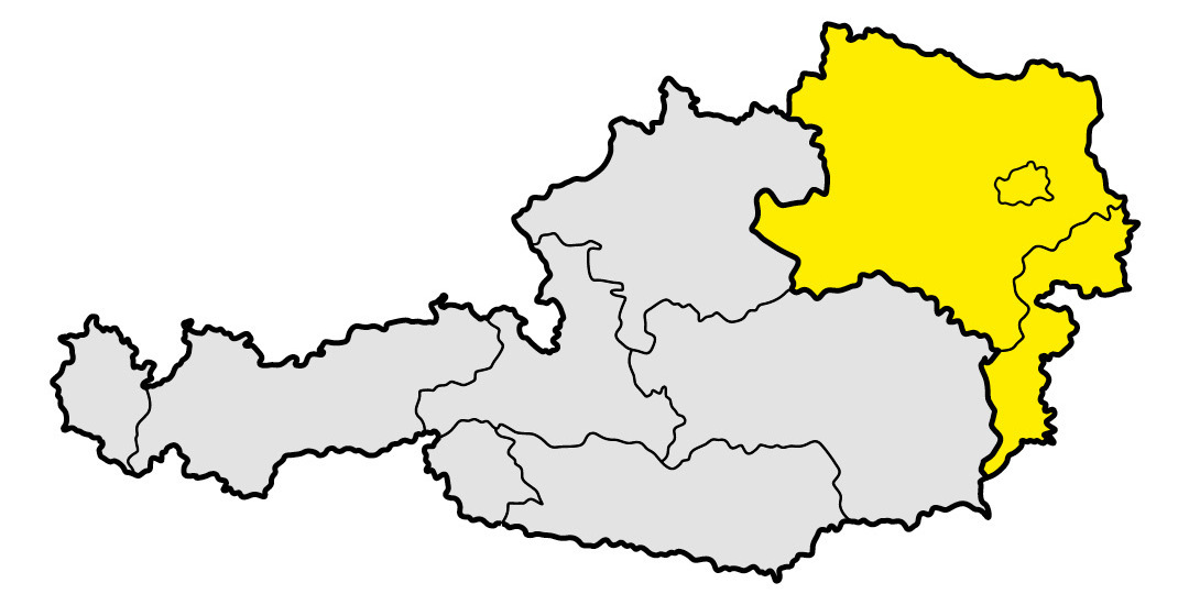 Region Ost Dieses Bild zeigt eine Karte von Österreich. Die Bundesländer sind als separate graue Regionen mit schwarzen Umrissen dargestellt. Ein Bundesland ist gelb hervorgehoben: Niederösterreich. Es befindet sich im Nordosten Österreichs und umschließt Wien.