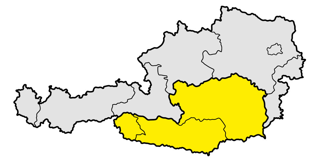 Region Süd Dieses Bild zeigt eine Karte von Österreich. Die Bundesländer sind als separate graue Regionen mit schwarzen Umrissen dargestellt. Eines der Bundesländer ist gelb hervorgehoben. Es handelt sich dabei um die Steiermark, die sich im Südosten Österreichs befindet.