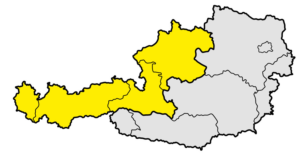 Region Nord/West Dieses Bild zeigt eine Karte von Österreich. Die Bundesländer sind als separate Regionen mit schwarzen Umrissen dargestellt. Mehrere Bundesländer sind gelb hervorgehoben, während andere grau dargestellt sind. Die gelb hervorgehobenen Bundesländer sind (von Westen nach Osten): Vorarlberg, Tirol, Salzburg, Oberösterreich, Niederösterreich, Burgenland