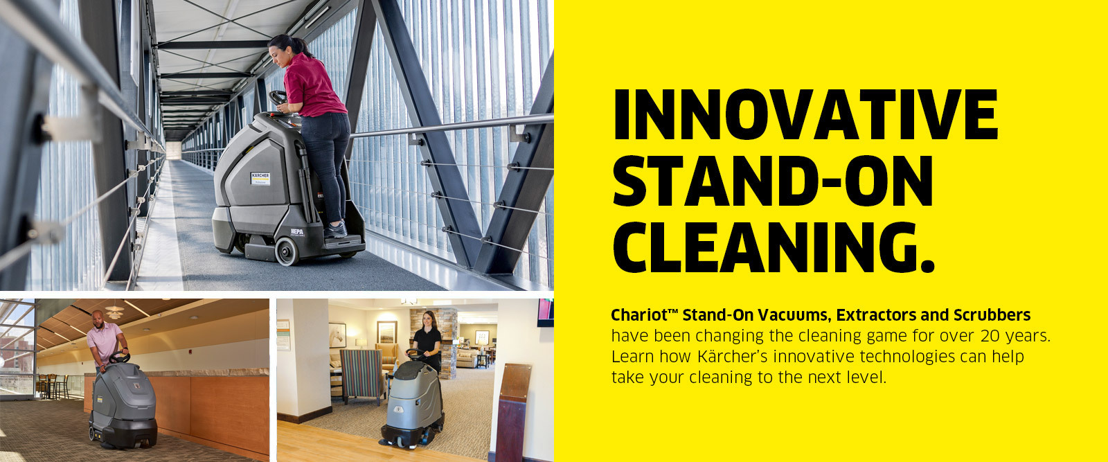 Three images of a workers cleaning floors with Chariot Stand-On Floor Cleaning Equipment