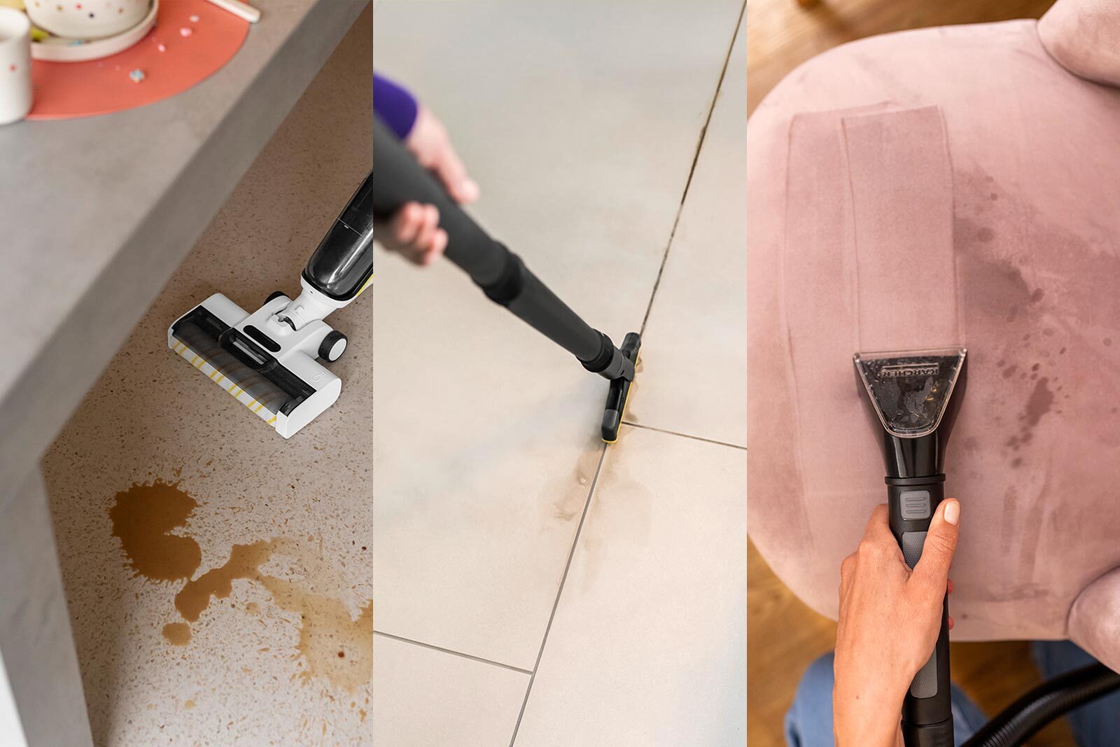 Clean with floor cleaner, steam cleaner and tectile cleaner