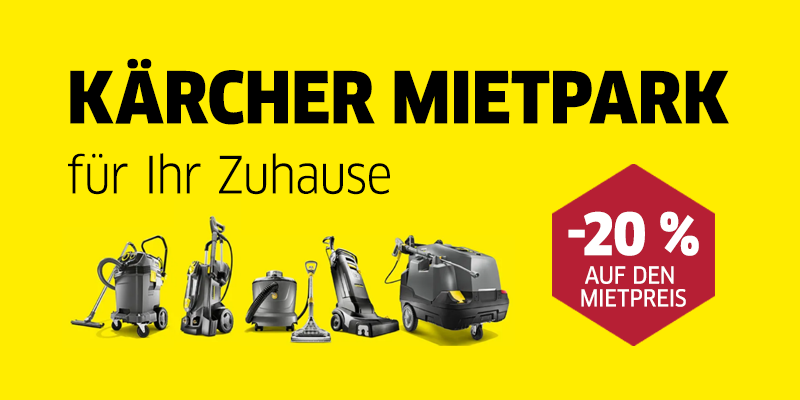 20 % auf Mietpreis sparen  Das Bild ist eine Werbung für den Kärcher Mietpark für Zuhause. Es hat einen leuchtend gelben Hintergrund und zeigt fünf verschiedene Reinigungsgeräte von Kärcher.  In der oberen Hälfte des Bildes steht in großer, schwarzer Schrift "KÄRCHER MIETPARK", darunter in kleinerer Schrift "für Ihr Zuhause".  Rechts unten ist ein sechseckiges, weinrotes Feld zu sehen, in dem groß "-20 %" steht. Darunter steht in kleinerer, weißer Schrift "AUF DEN MIETPREIS".