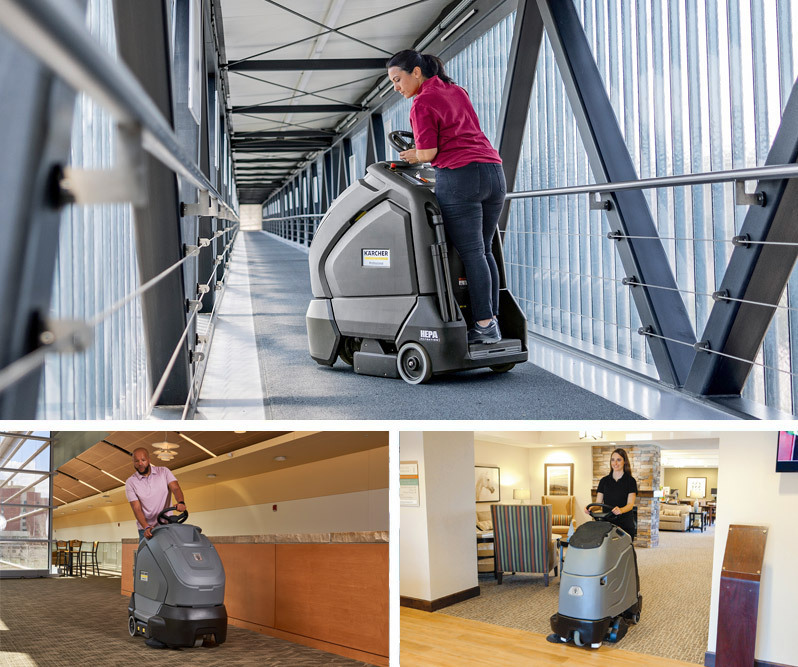 Save 20% on Chariot™ Stand-On Equipment 3 photos of workers using Chariot stand-on floor cleaning equipment
