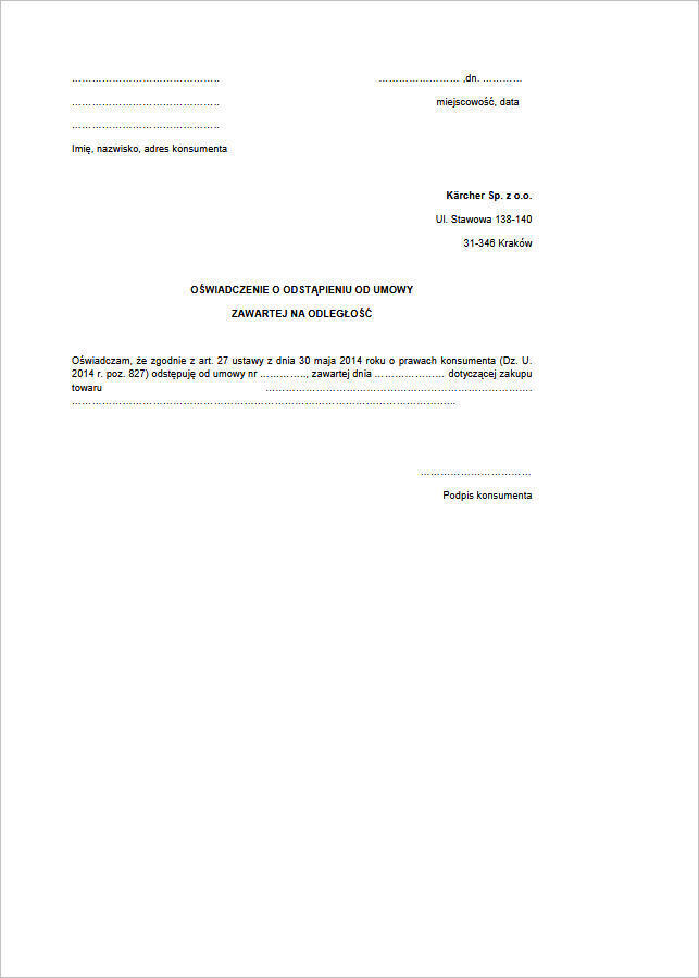 Oświadczenie o odstąpieniu od umowy sprzedaży