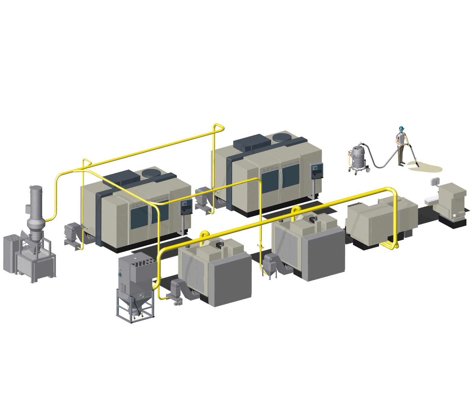 Průmyslový odsávací systém obsluhující několik zón