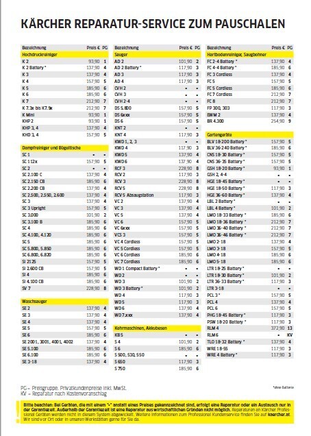 Reparaturpreisliste
