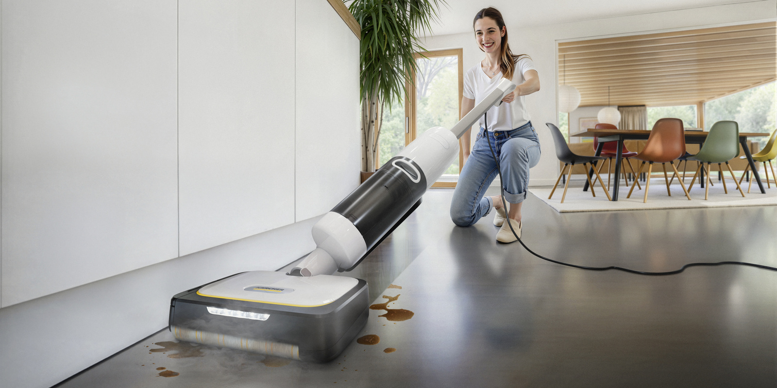 Kärcher Dampfsauger reinigt präzise entlang der Sockelleisten in einer Küche.