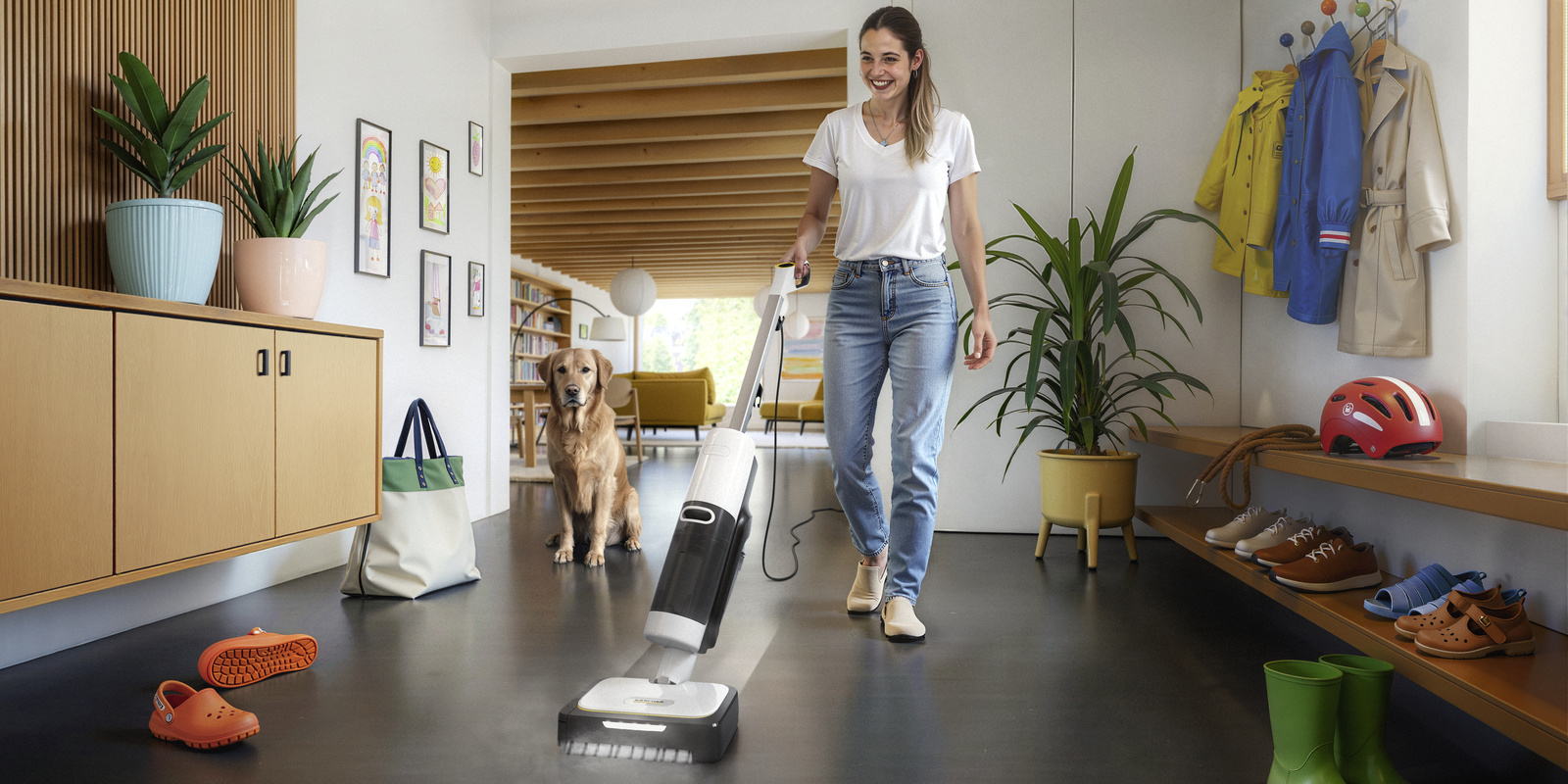 Kärcher Dampfsauger bei der Reinigung von Fliesenboden im Flur.