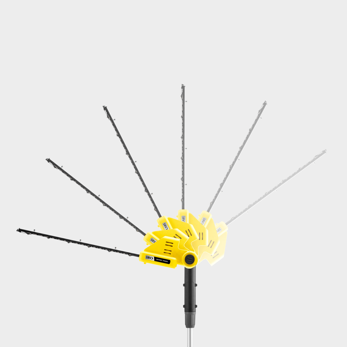 The cutting head of the Kärcher battery hedge trimmer in various positions
