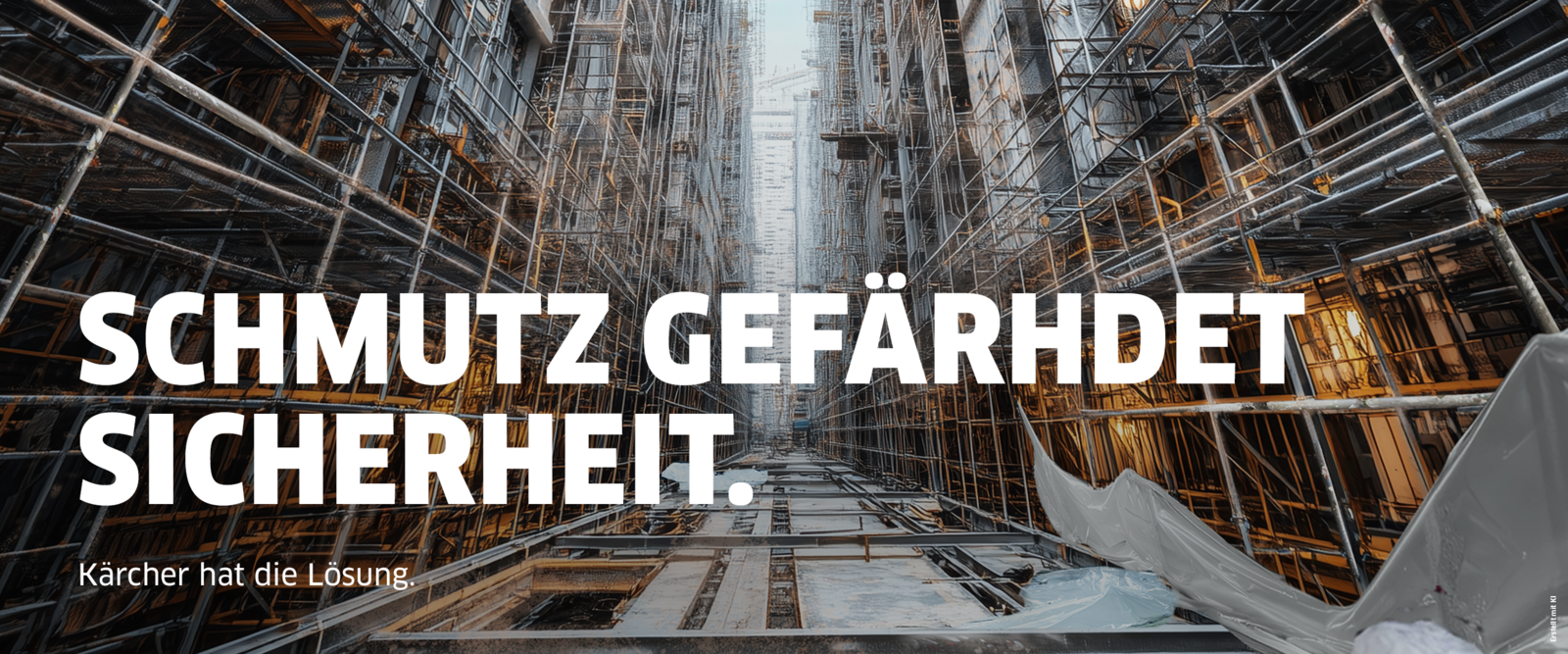 eine Person mit Warnweste und Helm reinigt eine Baumaschine mit einem Hochdruckreiniger