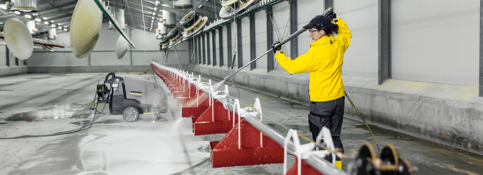 Trabalhador fazendo a higienização de aviário