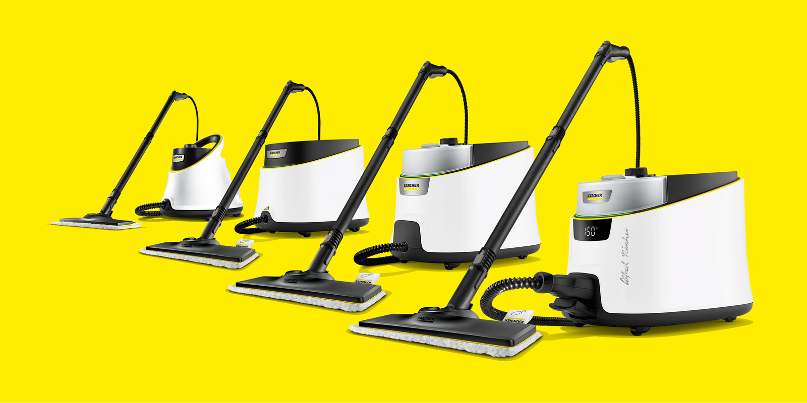Kärcher Deluxe steam cleaner with integrated accessory storage and LED status display.