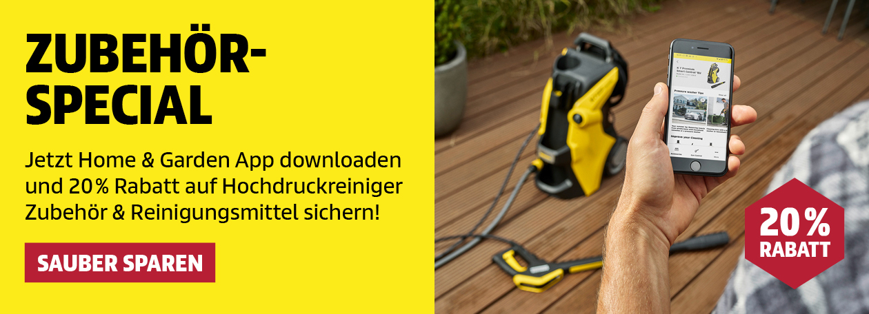 Werbebanner von Kärcher: „Zubehör-Special“. Ein gelber Hintergrund mit dem Text „Jetzt Home & Garden App downloaden und 20 % Rabatt auf Hochdruckreiniger Zubehör & Reinigungsmittel sichern!“. Daneben ein Foto einer Person, die ein Smartphone mit der App bedient, im Hintergrund ein gelber Hochdruckreiniger auf einer Holzterrasse. Ein rotes Sechseck zeigt „20 % Rabatt“, der Call-to-Action-Button lautet „Sauber sparen“.