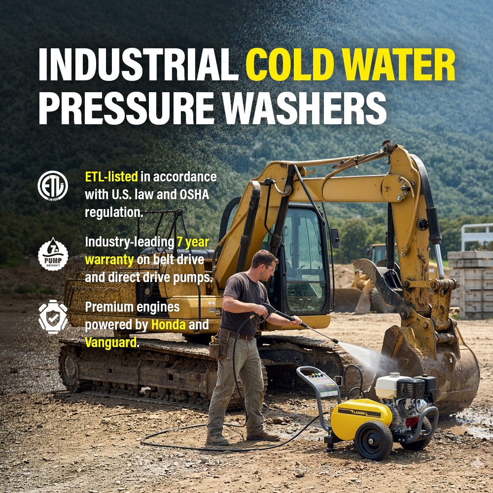 A worker cleans construction equipment with a Landa cold water pressure washer
