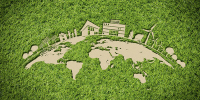 An illustrated map of the world created with grass