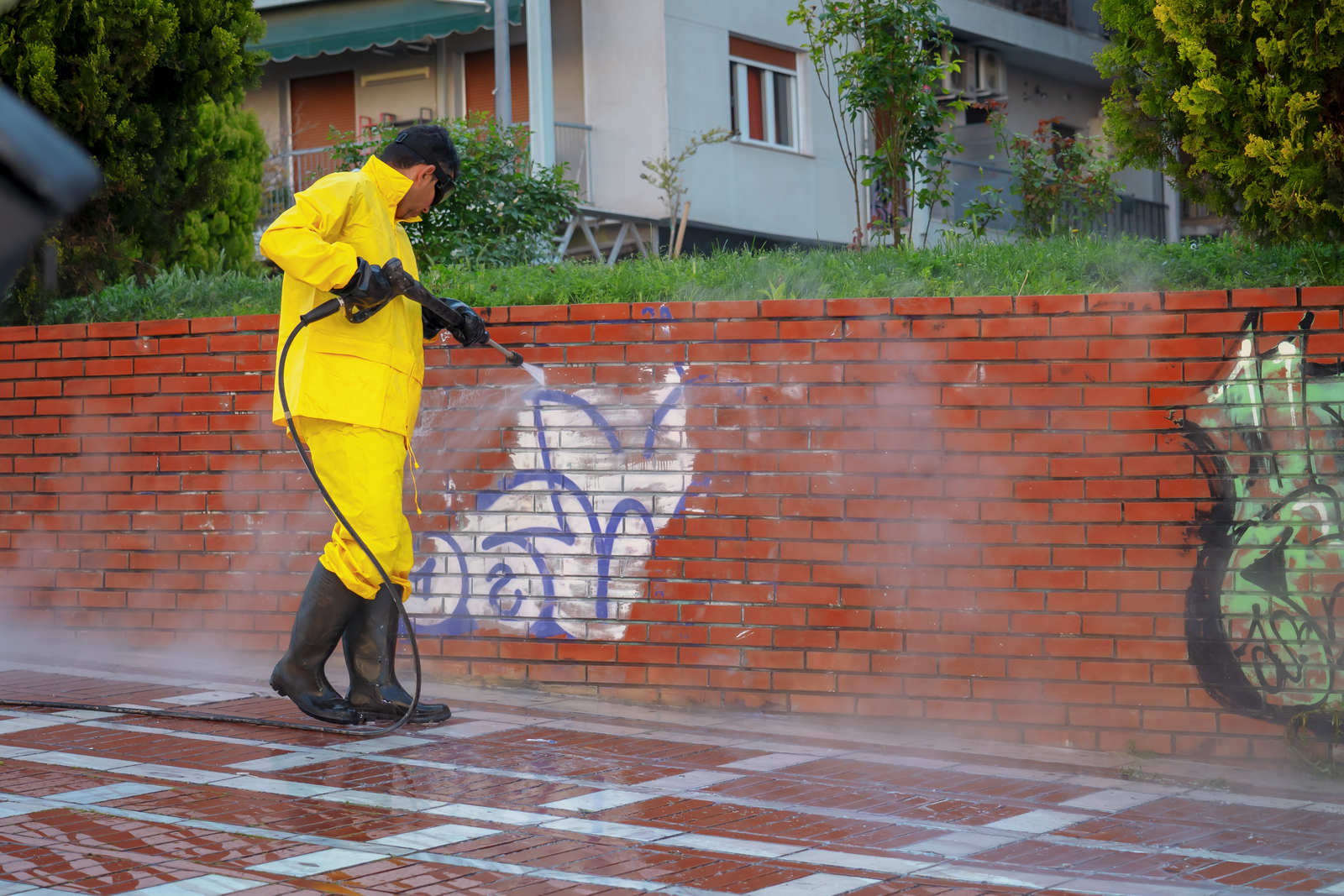 Cleaning the Bajra Sandhi monument in Bali.