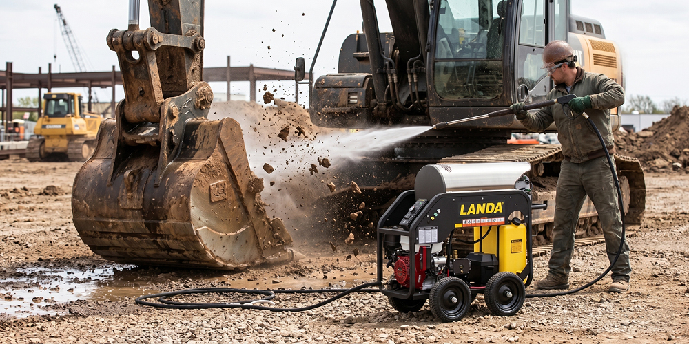 Construction equipment cleaned with a Landa hot water pressure washer