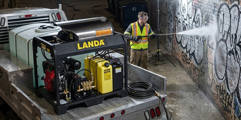 Wall graffiti being removed with a Landa hot water pressure washer