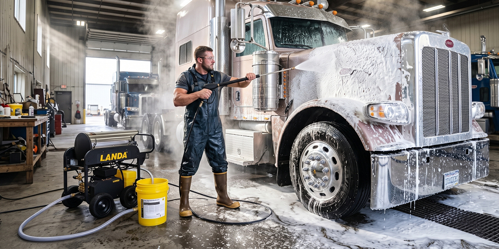 Soapy cleaning of a semi-truck with a Landa hot water pressure washer