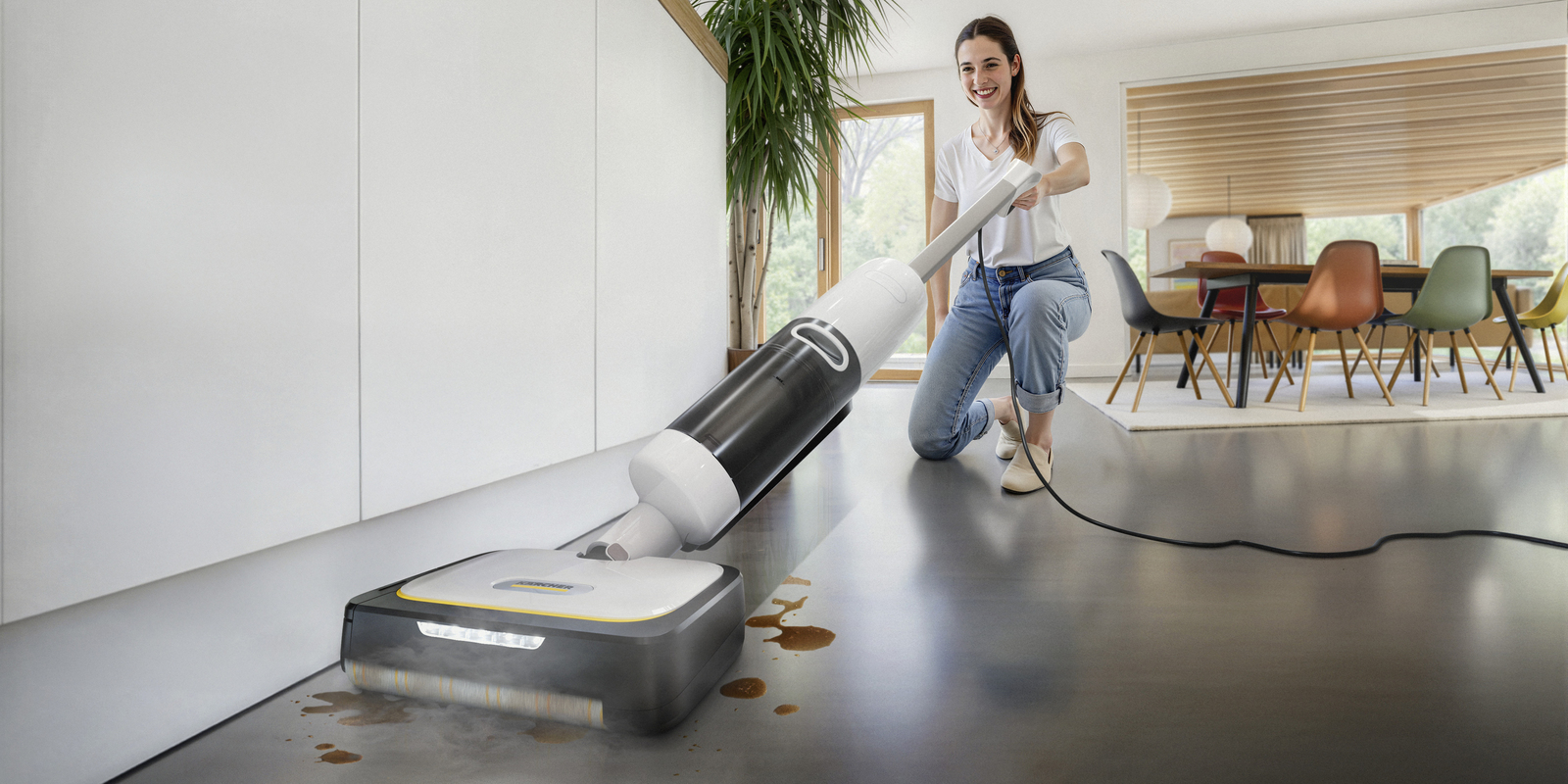 L'aspirateur vapeur de Kärcher nettoie avec précision le long des plinthes dans une cuisine.