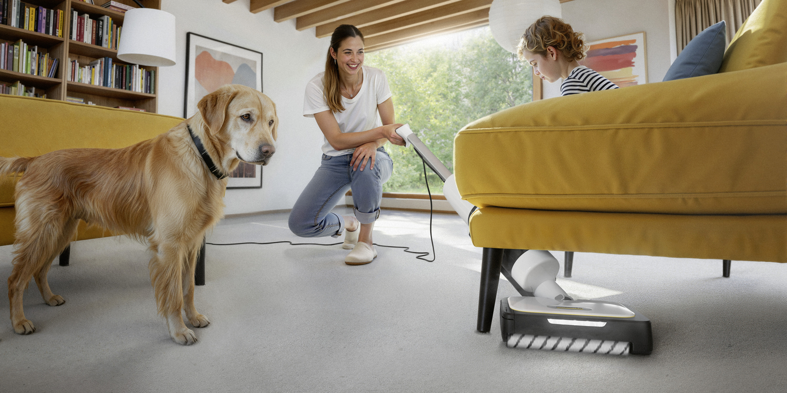 Utilisation de l'aspirateur vapeur de Kärcher pour nettoyer une moquette de manière hygiénique.