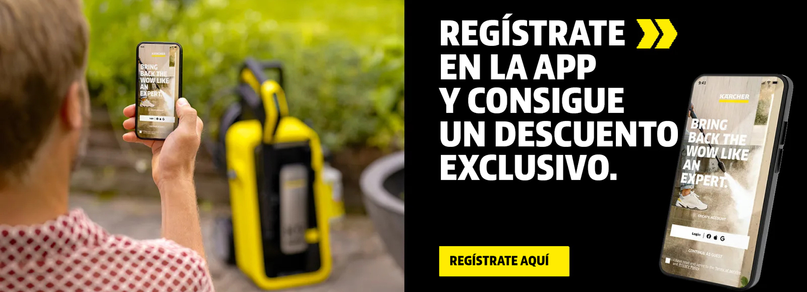 Un hombre con una hidrolimpiadora y la aplicación Home & Garden