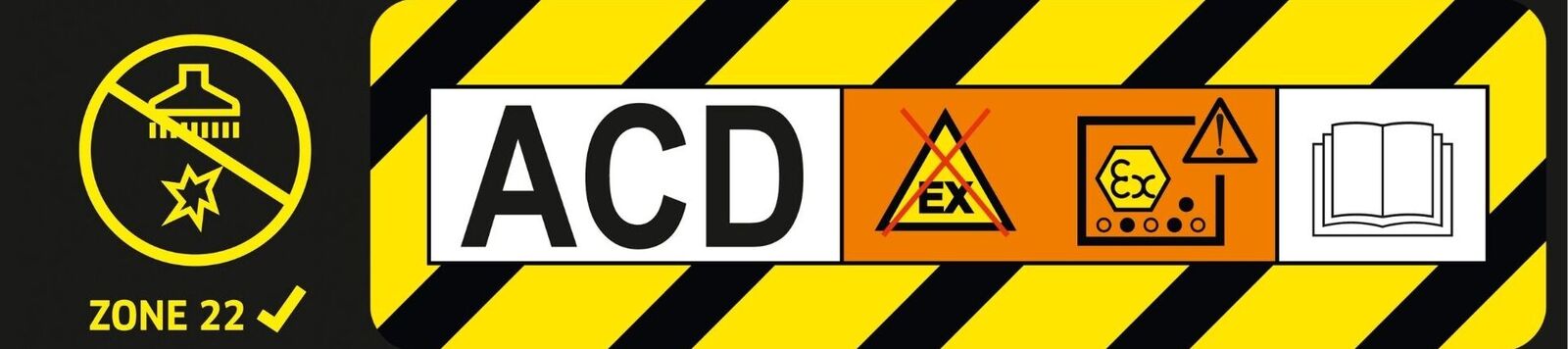 Símbolo de certificación ATEX y pictograma de advertencia de la línea ACD.
