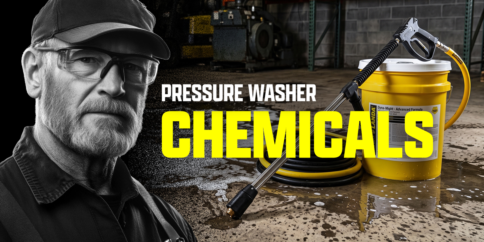 A portrait of a man shown next to a bucket of Landa pressure washer detergent.