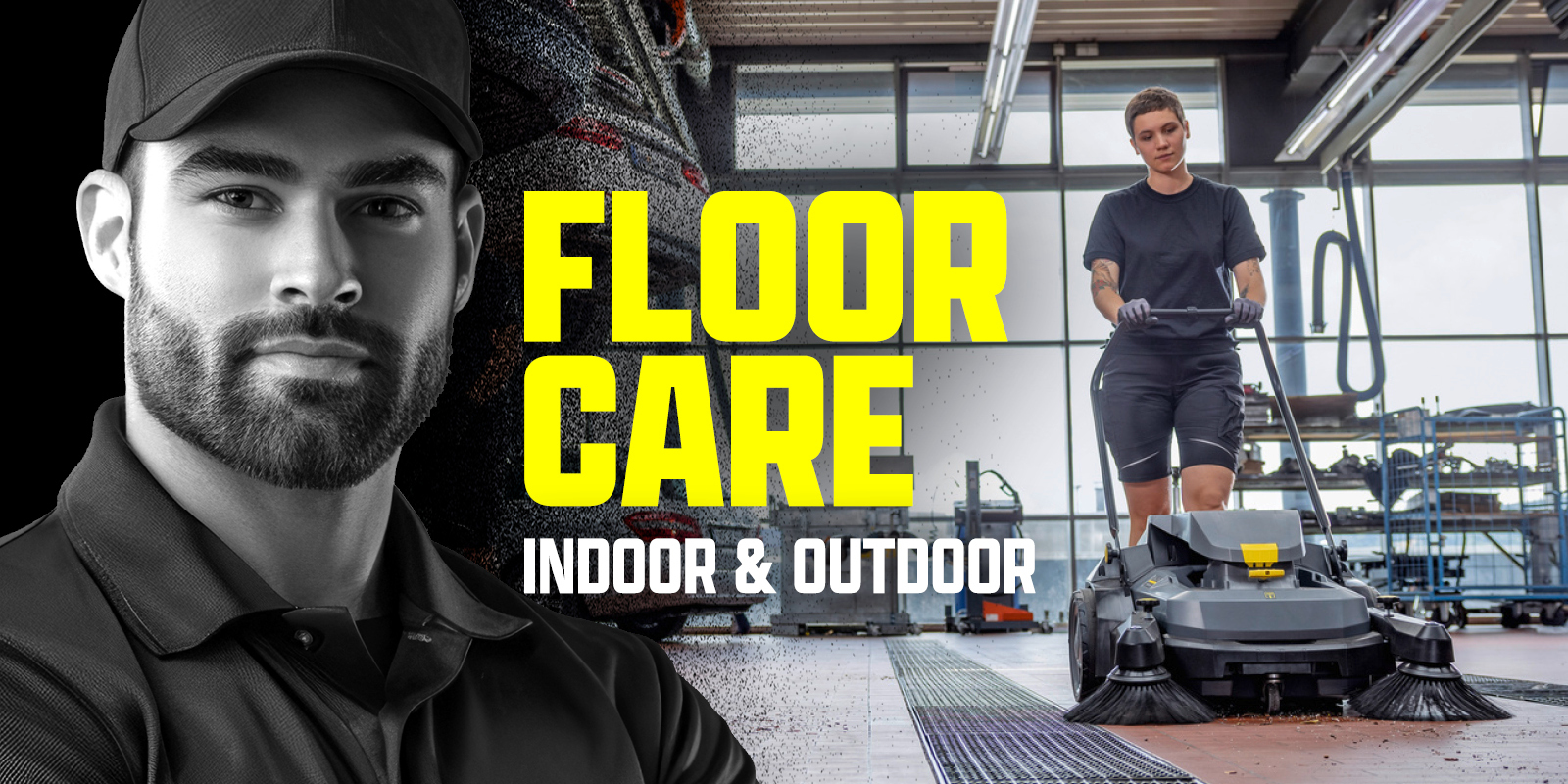 A man's portrait next to a worker using a walk-behind floor sweeper.