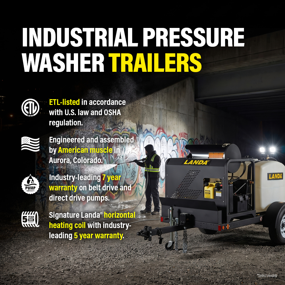 Landa Industrial Cold Water Pressure Washers A worker cleans construction equipment with a Landa cold water pressure washer
