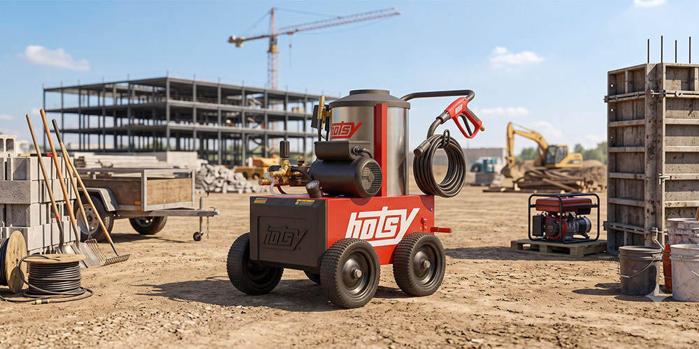 A Hotsy 500 Series hot water pressure washer sits at a construction site.