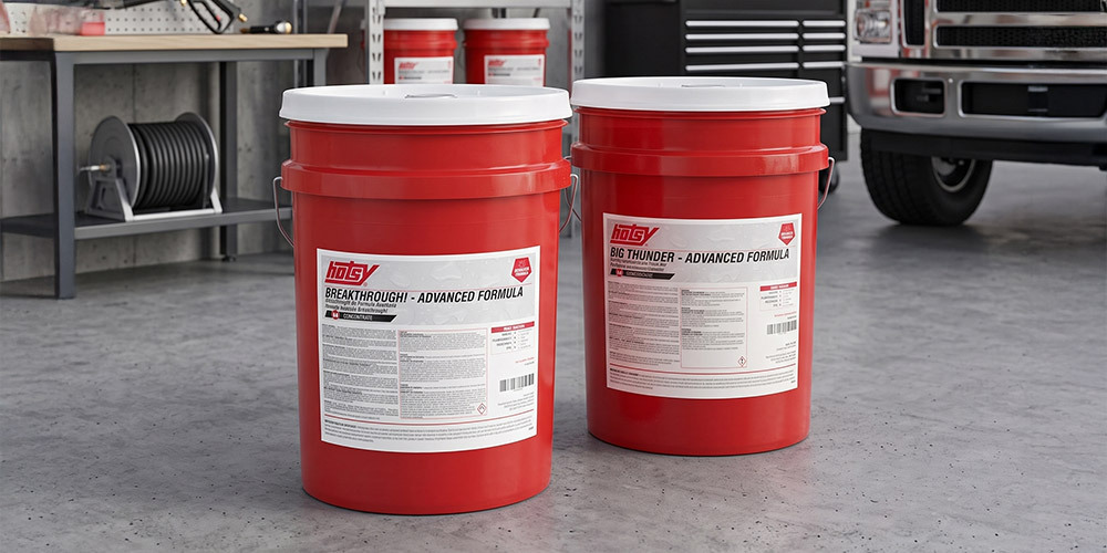 Two buckets of Hotsy detergent sit inside a garage.