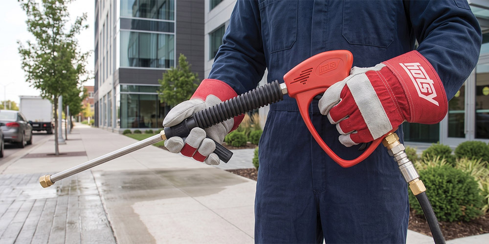 A worker holds a Hotsy pressure washer gun and wand.