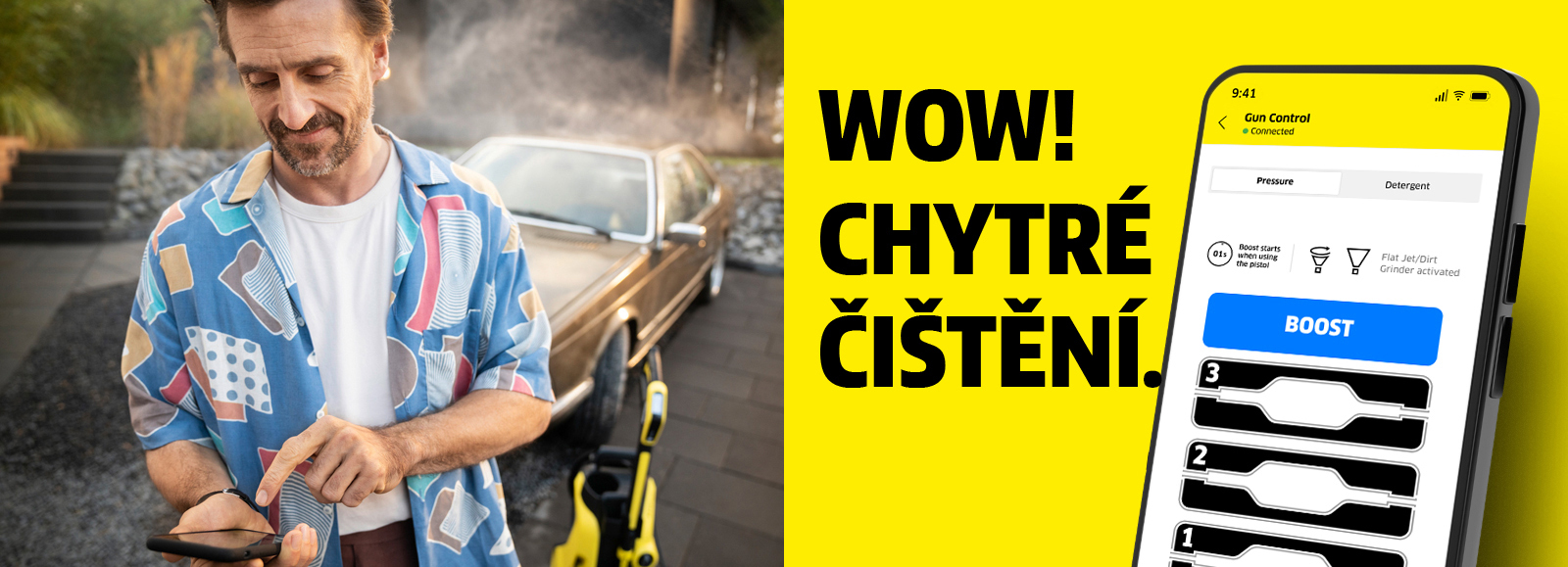Man with high pressure washer and Home & Garden App
