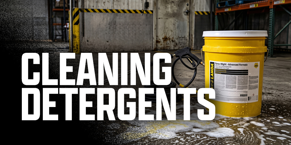 A bucket of Landa detergent sits on the ground.