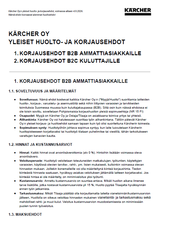 Yleiset korjaus- ja huoltoehdot