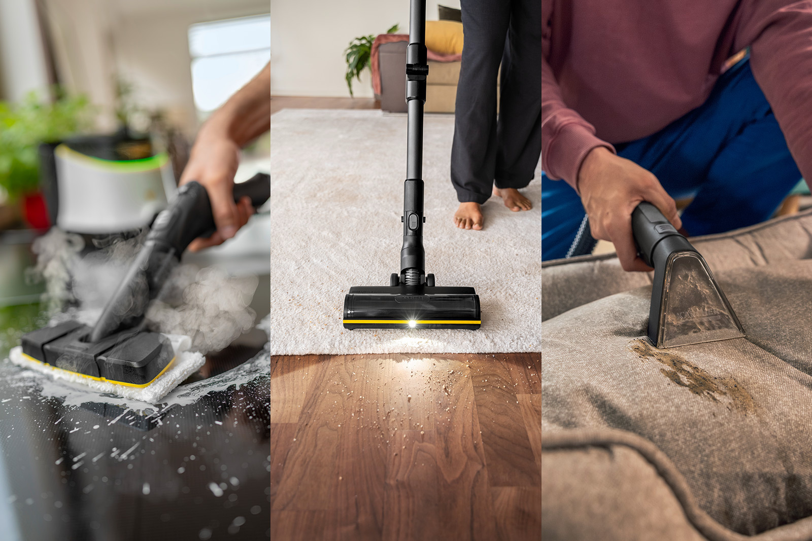 Clean with textile cleaner, floor cleaner and steam cleaner