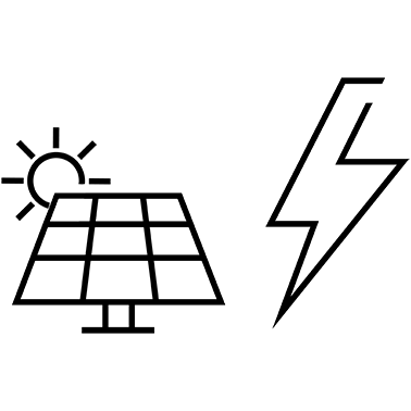 Line icon of a solar panel and a lightning bolt symbolizing renewable energy