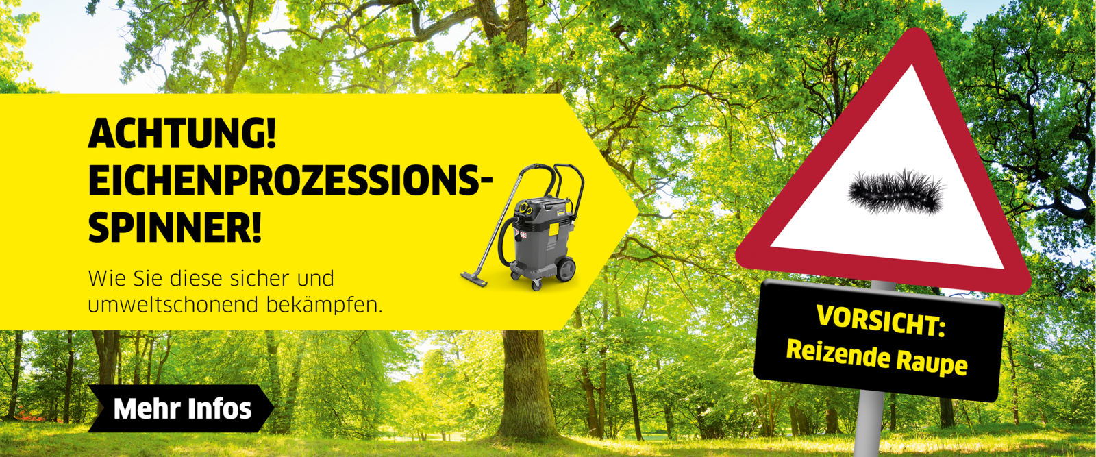 Eichenprozessionsspinner bekämpfen Wiese und Warnschild