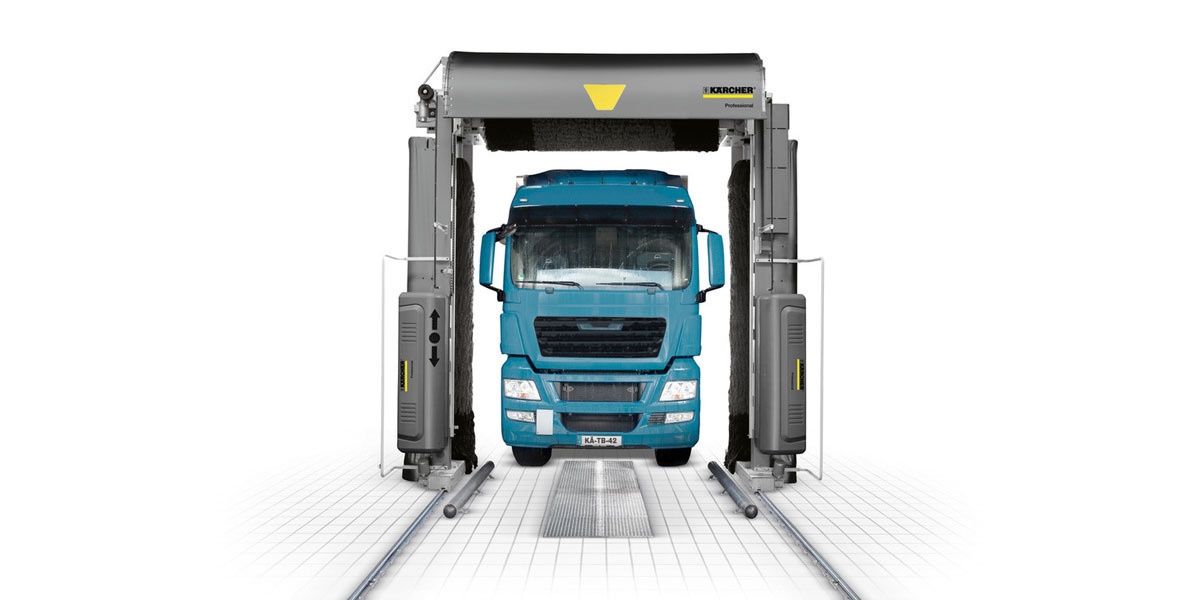 Portálová mycí linka pro venkovní čištění užitkových vozidel: dodávek, autobusů, přívěsů i tahačů s návěsem