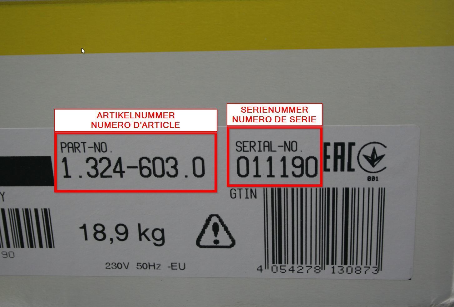 Plaatje serienummer / artikelnummer