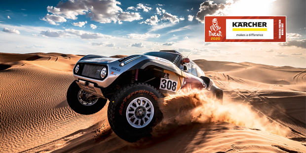 a car in the desert Rallye Dakar: As a technical partner Kärcher will be involved already for the ninth time