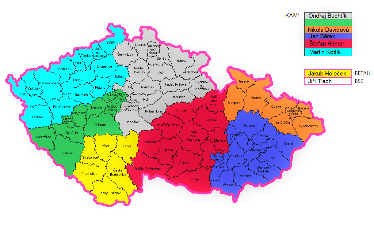 Rozložení oblastí mapy ČR - působnost obchodních zástupců Rozložení oblastí mapy ČR - působnost obchodních zástupců