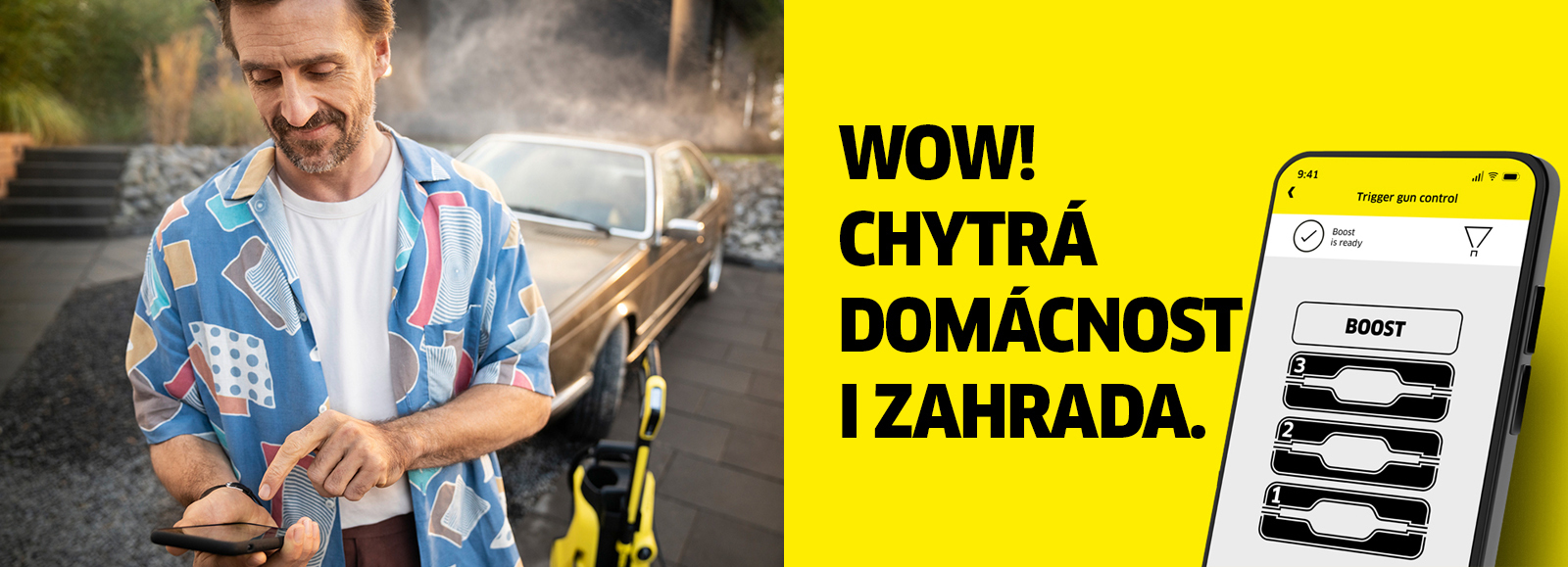 Home & Garden App Man with high pressure washer and Home & Garden App