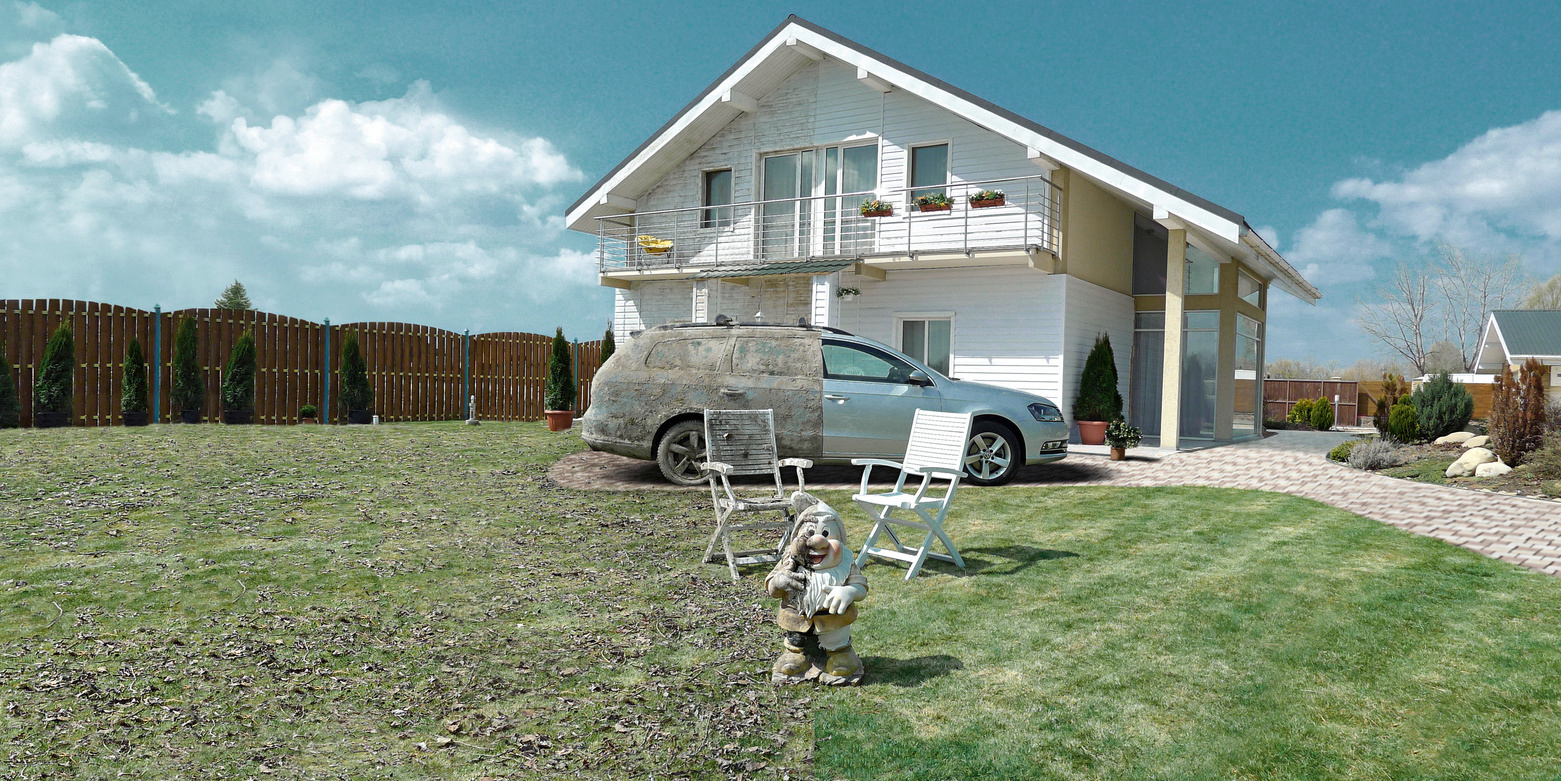 Pelouse/Maison/Voiture/Salissure/Nettoyage/Propre