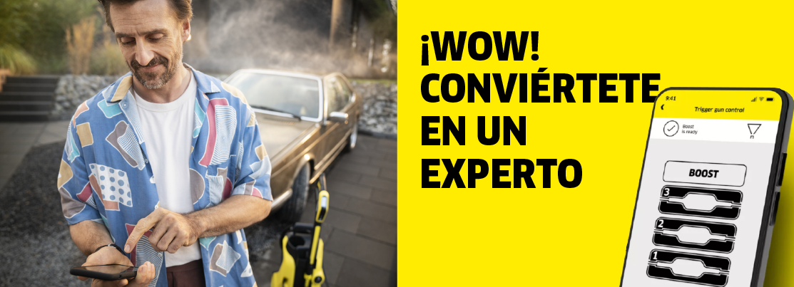 Home & Garden App Man with high pressure washer and Home & Garden App