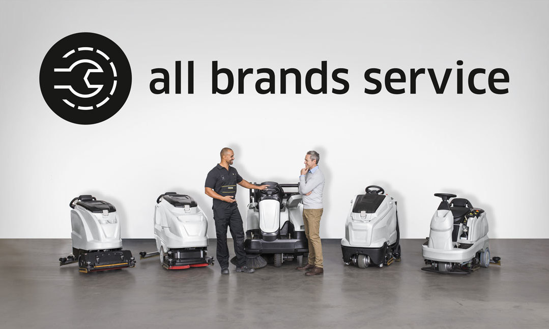 All brands floor scrubber service Service representative talks to a customer about servicing floor scrubbers